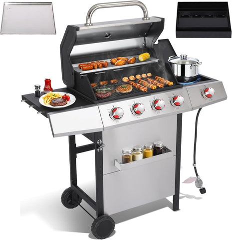 Propane and Charcoal Grill Combo with Griddle, 4-Burner Gas Grill with Cast Iron Grates, Side Burner and Prep Space