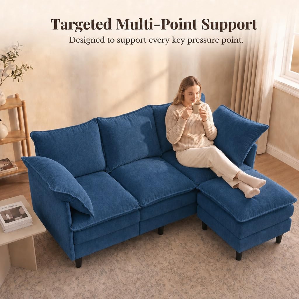 69" Small L-Shaped 3-Seat Convertible Sectional Sofa Couch, Chenille, Blue