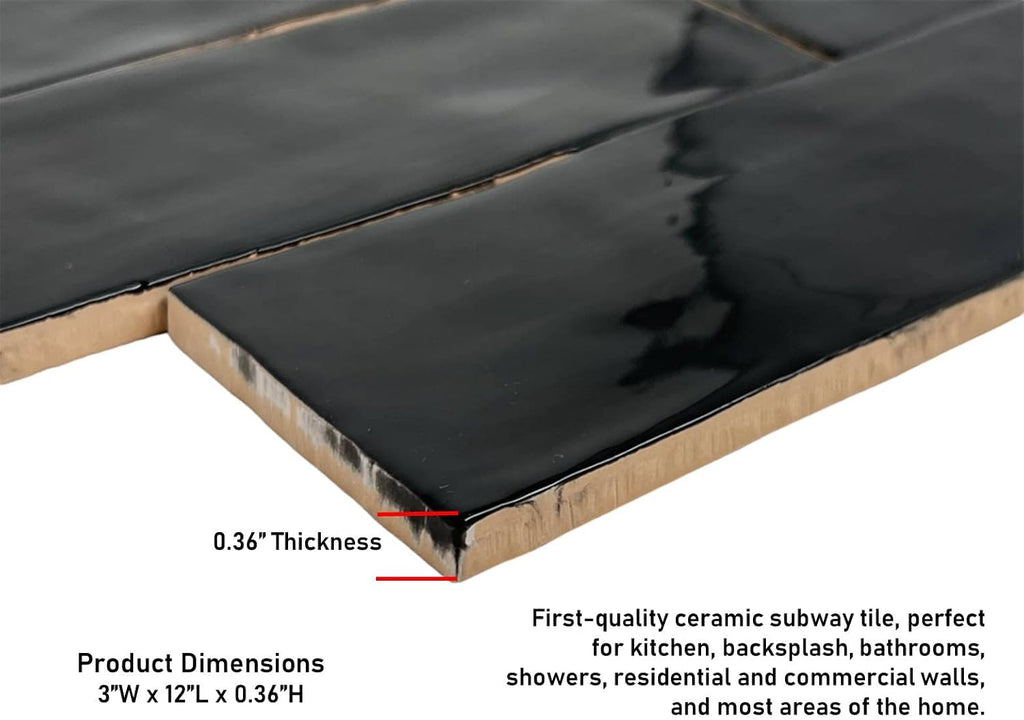 3x12 Handmade Look Black Ceramic Subway Tile Walls and Kitchen Backsplashes - Glossy Finish (Box Covers 5.5 Sq. Ft.)