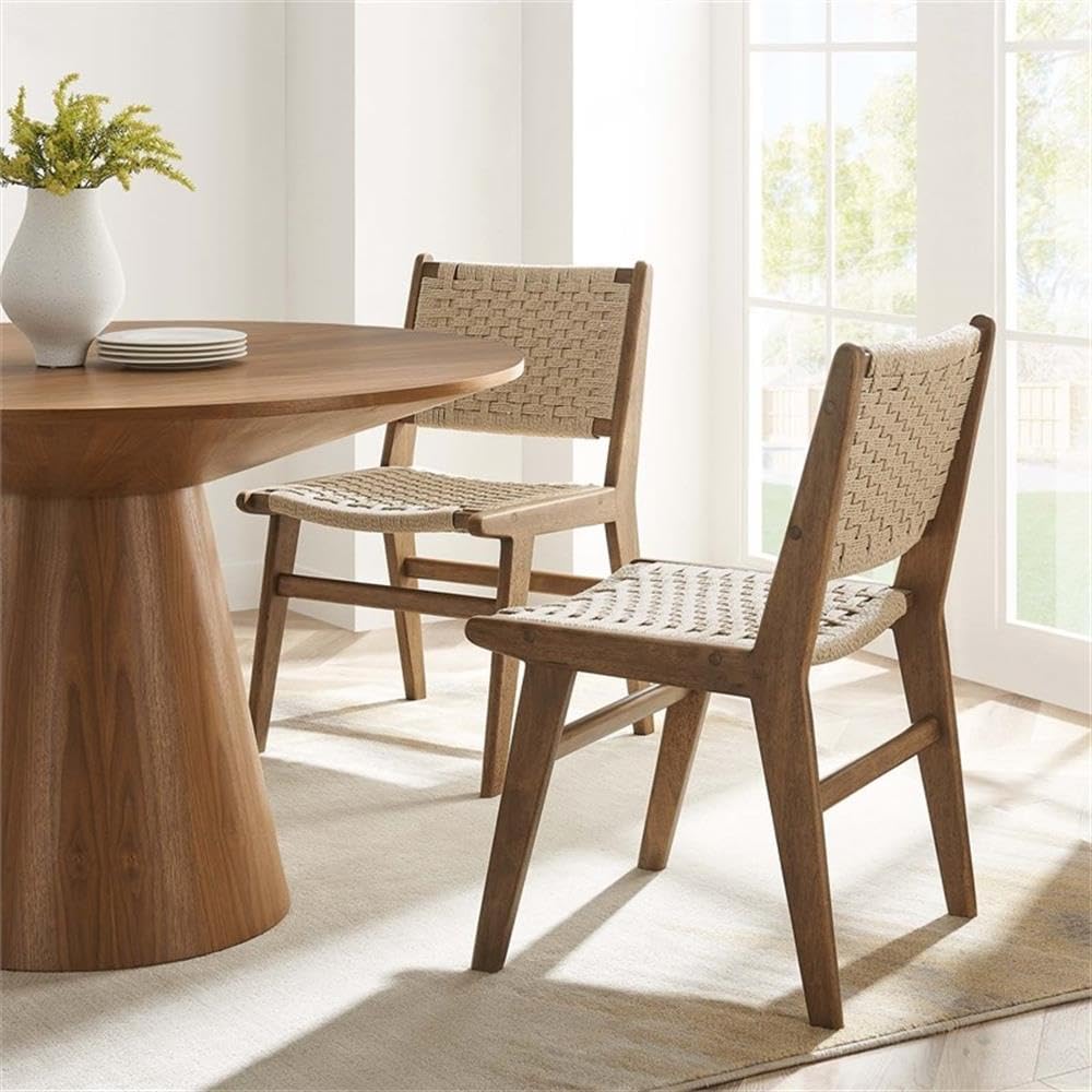 Saoirse Woven Rope Wood Dining Side Chair in Walnut Natural