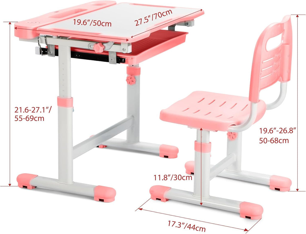 Kids Desk and Chair Set, Height Adjustable Children School Functional Study Desk with 55° Tiltable Desktop, 3 Modes &