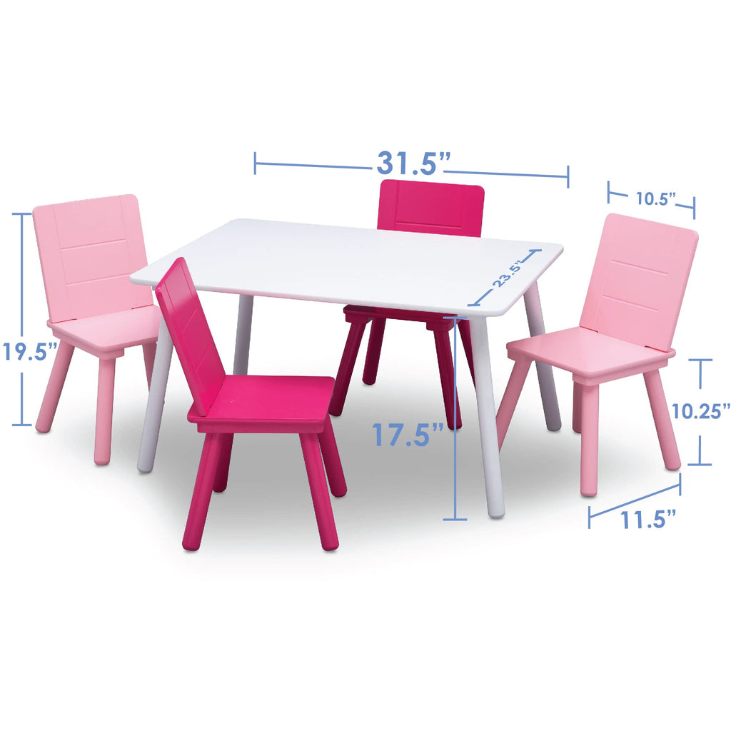 Children Kids Table and Chair Set (4 Chairs Included), White/Pink