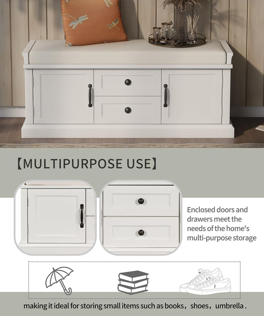 Storage Bench with Drawers and 2 Cabinets, Shoe Bench with Removable Cushion Hallway Foyer Living Room Bedroom, Shoe