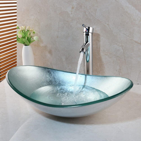 Bathroom vessel sink, Artistic Tempered Glass Oval Vessel Sink Above Counter with Chrome Faucet and Pop-up Drain Combo