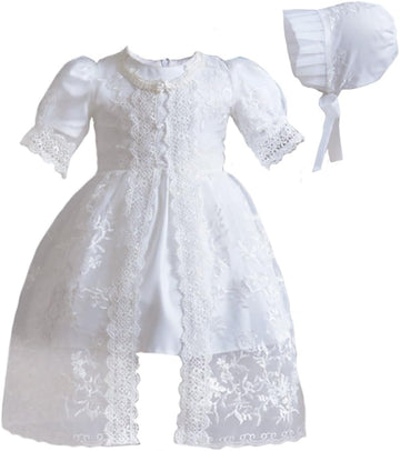 Baby Girls 3Pcs Organza Lace-Overlay Christening Gown Baptism Dress with Bonnet