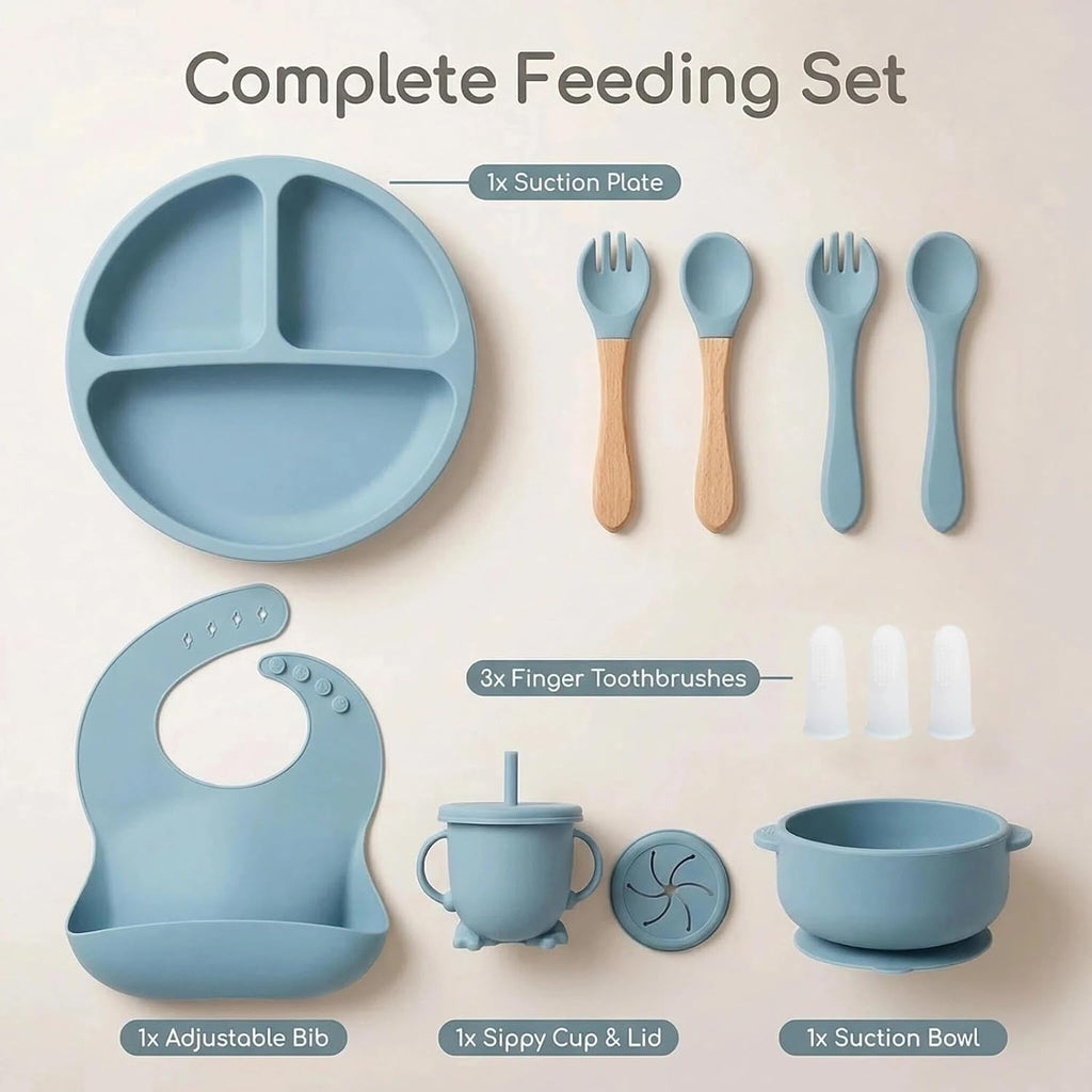 Feeding Set, 9 Pieces with Suction Bowl, Divided Plate, Sippy Cup, Bib, Spoons, Forks, Sage Green, BPA Free (Blue)