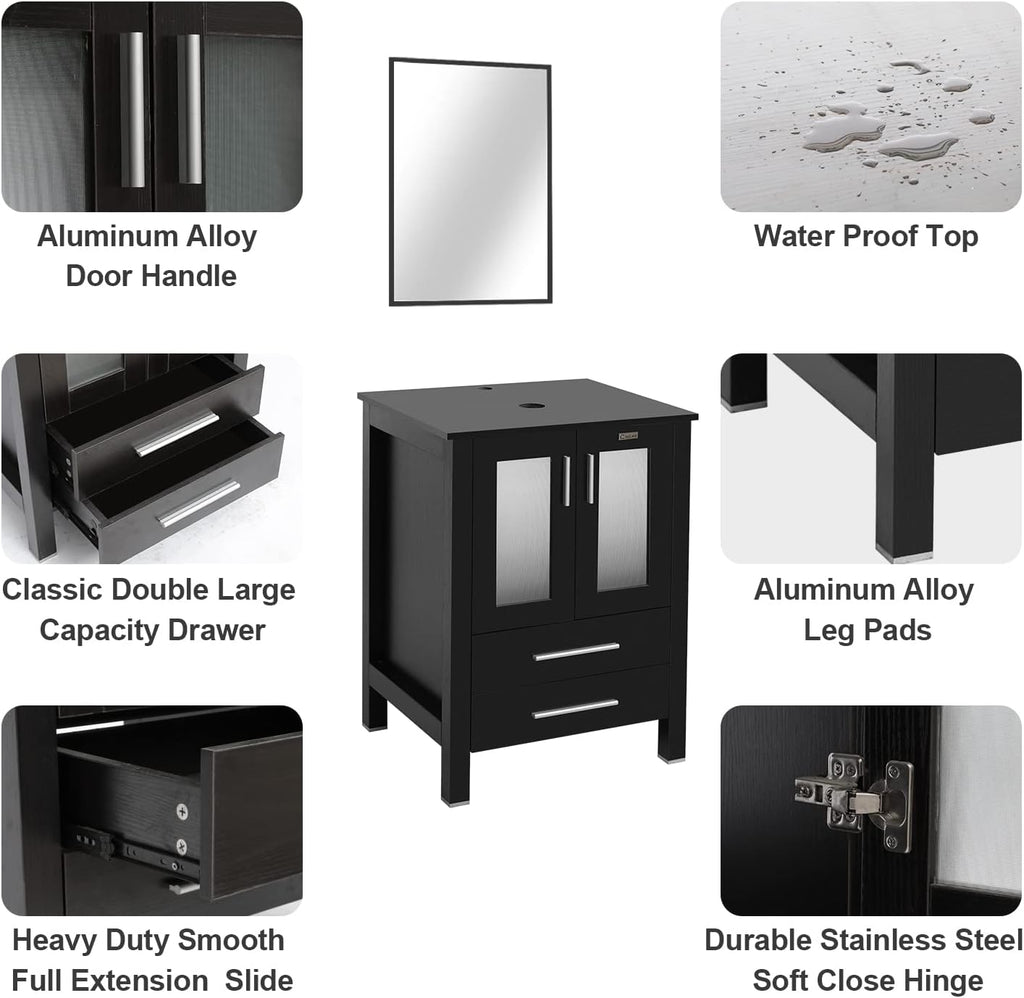 24" Modern Bathroom Vanity with Blue Glass Vessel Sink - Freestanding Cabinet with Soft-Close Door