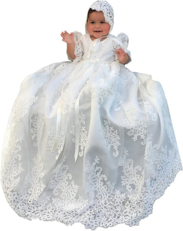 Long white lace christening dresses for baby girl