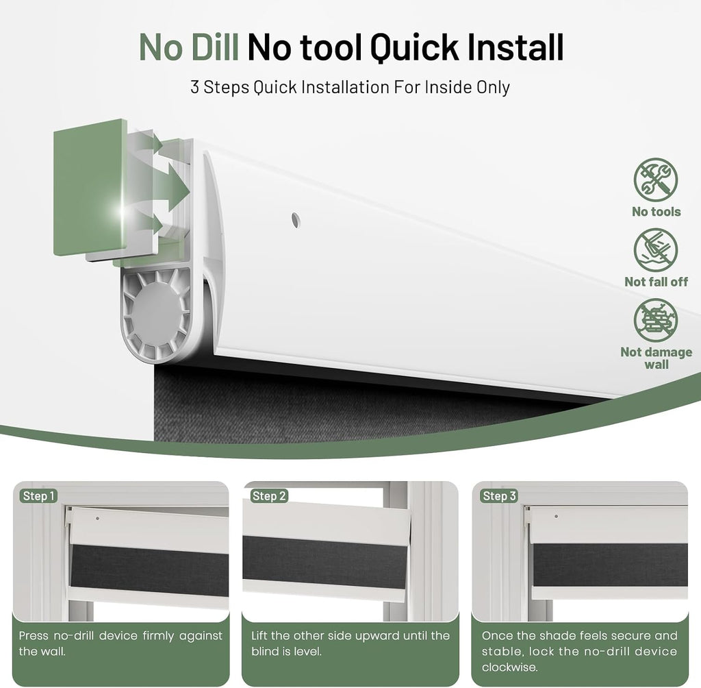 No Drill Motorized Blinds with Remote, Black, | 100% Blackout Smart Electric Roller Shades, Automatic Cordless Blinds