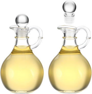 Glass Oil and Vinegar Cruets, 8oz Clear Glass Olive Oil Dispenser Bottles with Airtight Stoppers, Round - Set of 2