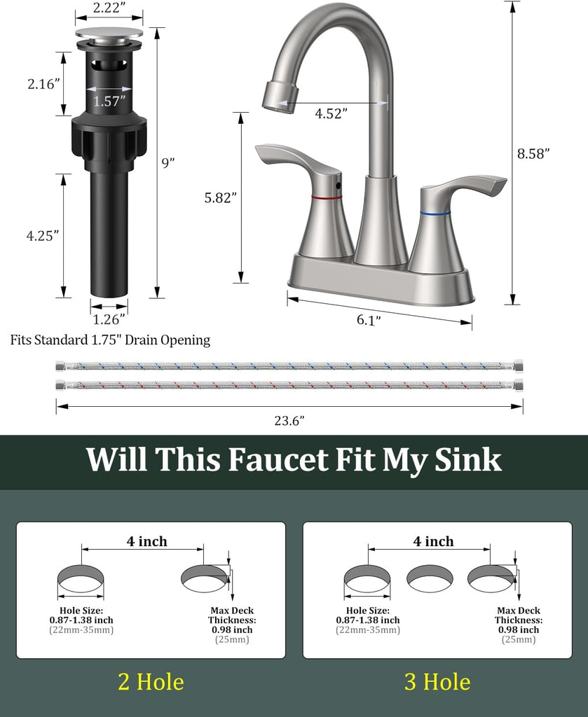 Brushed Nickel Bathroom Faucet 3 Hole, Evolvegoods 4 Inch Stainless Steel Bathroom Sink Faucet