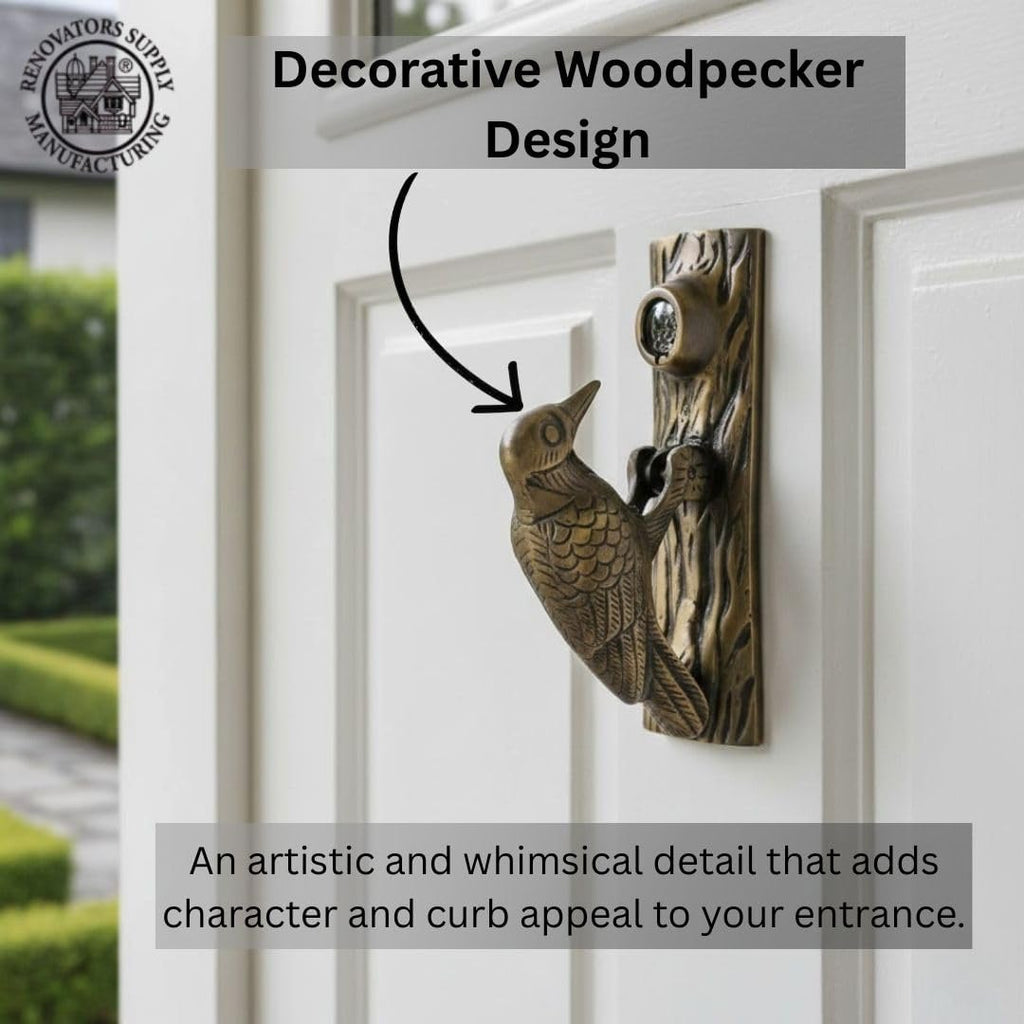 Solid Brass Woodpecker Door Knocker, 6.5" in Antique Brass Finish with Mounting Hardware