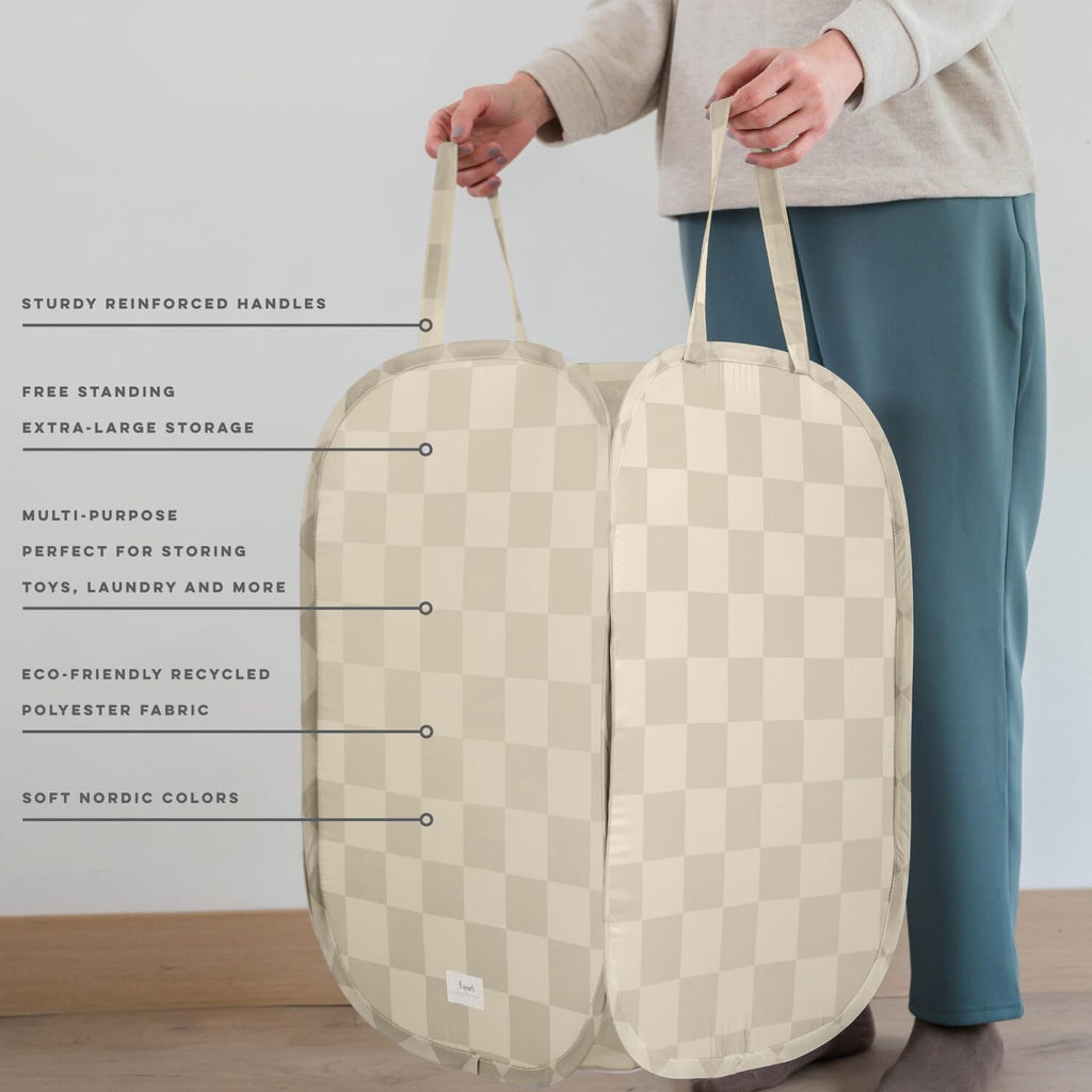 Pop Up Hamper, Collapsible Laundry Basket, Checkerboard Beige