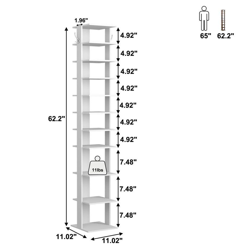 10-Tier Vertical Shoe Rack, Corner Shoe Tower, Slim Shoe Organizer with Two Hanging Hooks, Wooden Shoe Storage Stand