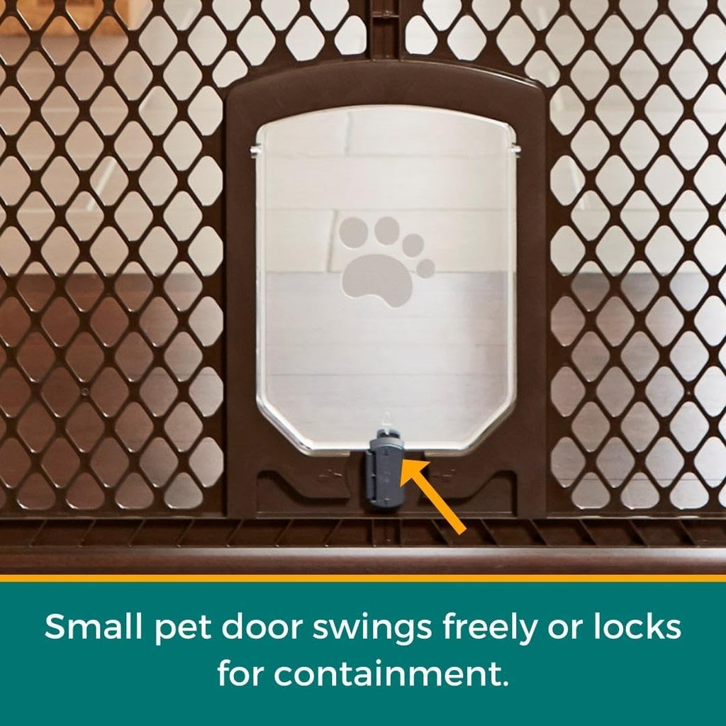 Extra Wide Dog Gate with Small Pet Door. 38.5" to 103.5" Wide. Cat Gate for Doorway. Made in USA. 26" Tall, Brown