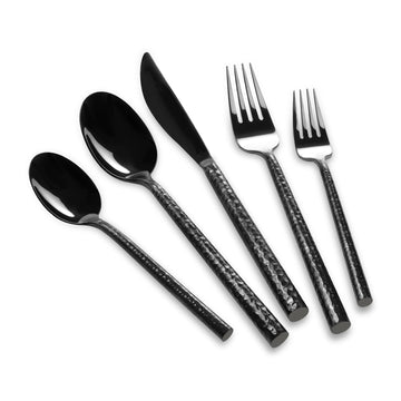 Black Silverware Set Round Hammered Handle 20 Pieces Service for 4