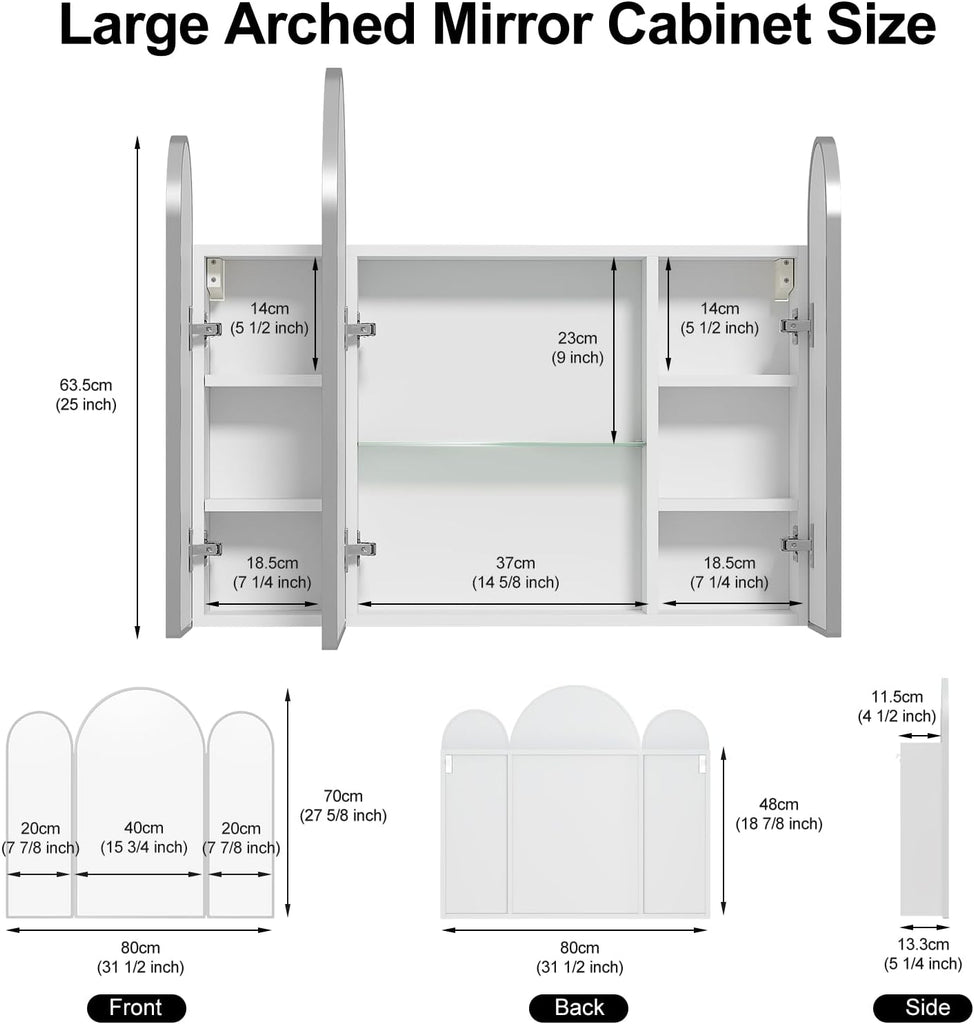 Triple Arched Brushed Nickel Medicine Cabinet,Medicine Cabinet with Mirror,3 Doors,Surface Mount Bathroom Mirror