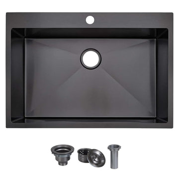 33x22 Inch Black Drop Sink, Gunmetal Black 16 Gauge 304 Stainless Steel Single Bowl Handmade 9 Inch Deep Top Mount Sink