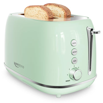 2 Slice Stainless Steel Toaster Retro with 6 Bread Shade Settings, Bagel, Cancel, Defrost Function, Extra Wide Slot