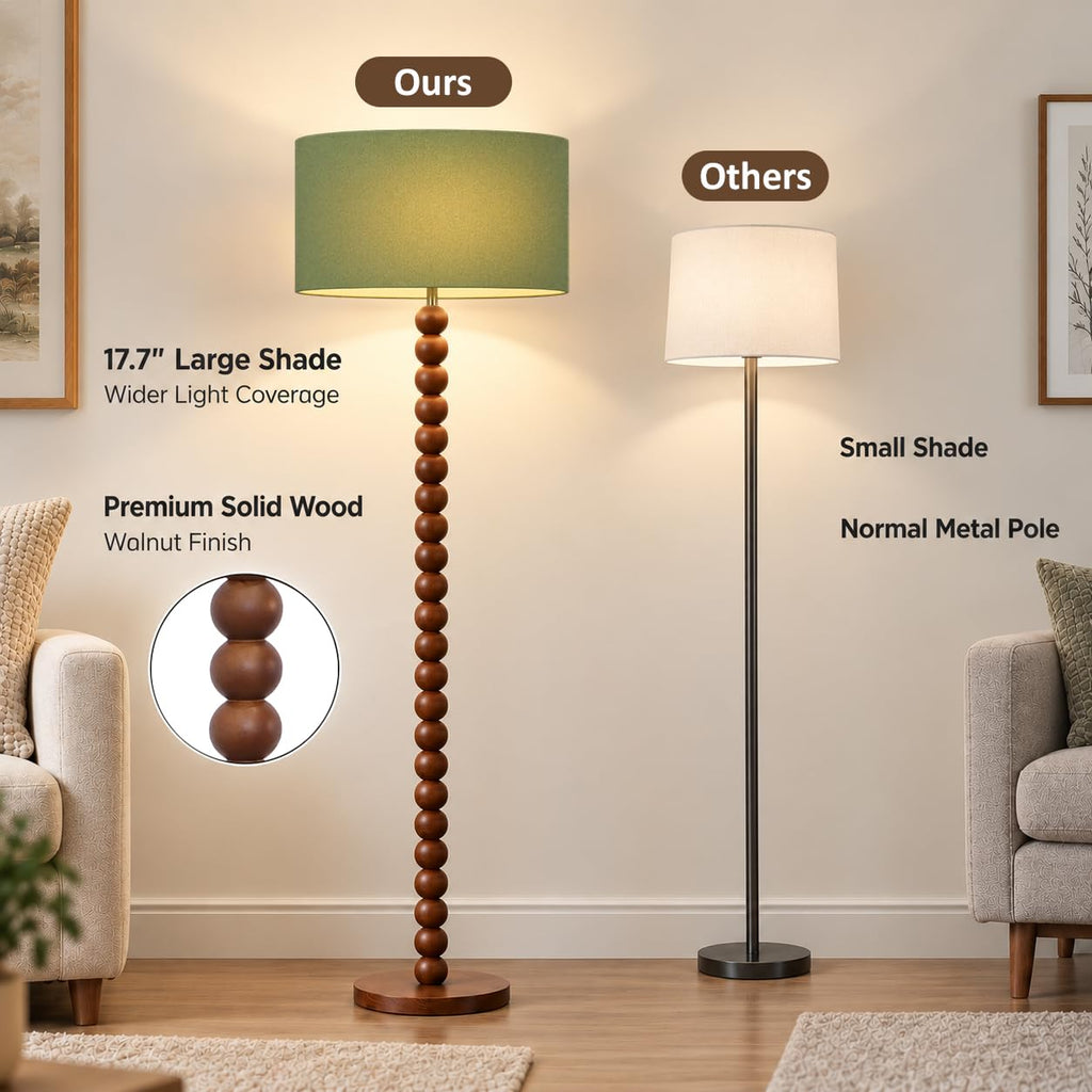 60.6 Inch Beaded Walnut Wood Floor Lamp with Linen Shade, Green