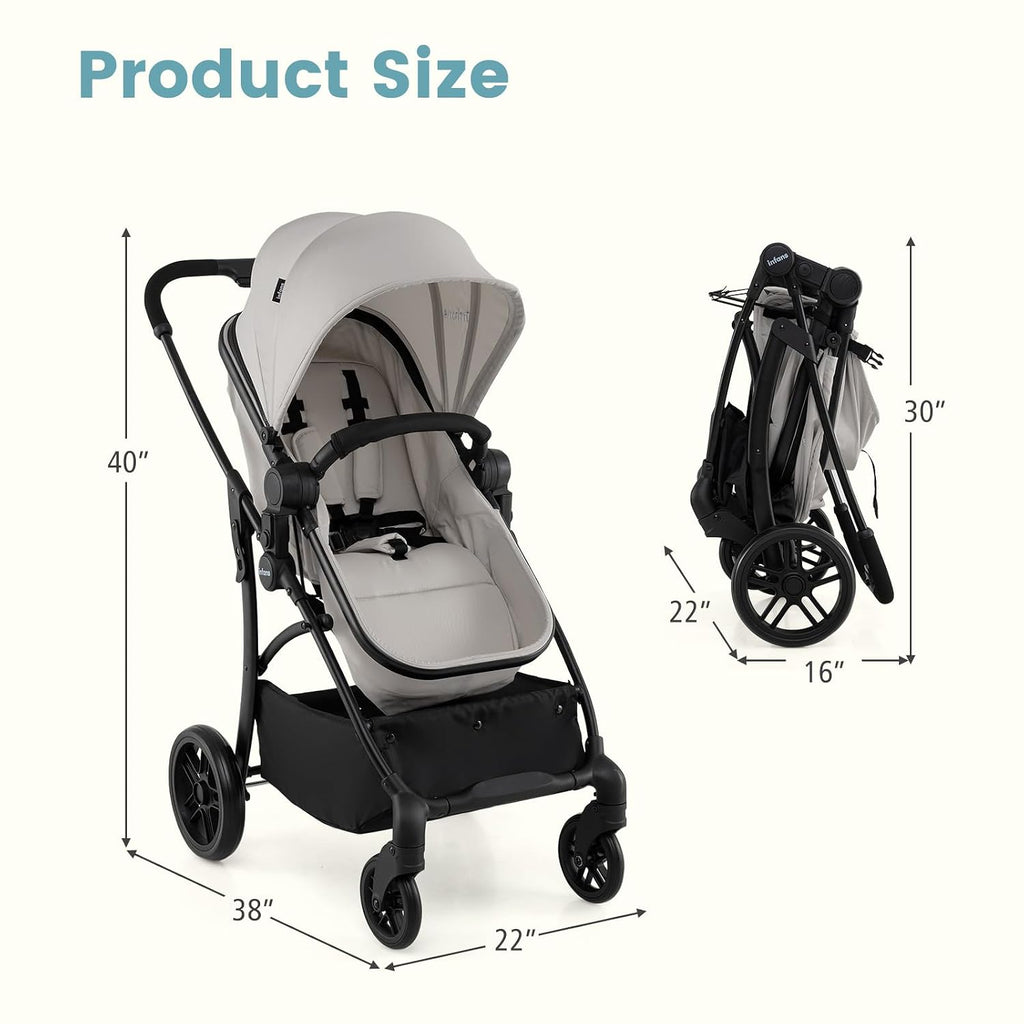 2 in 1 Baby Stroller, Convertible Stroller with Bassinet Reversible Seat Adjustable Backrest Canopy One Hand Fold