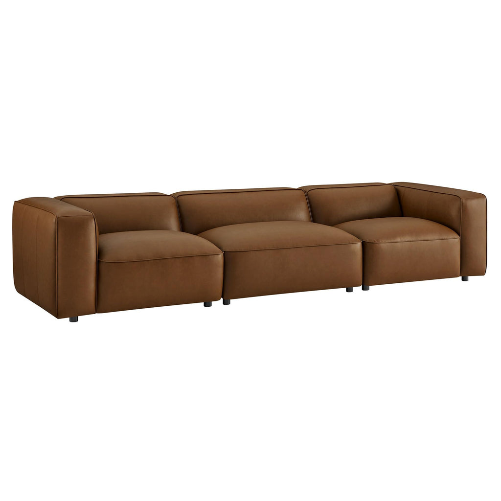 Auren Vegan Leather 3 Piece Modular Sofa in Coffee - Faux Leather 3 Seater Couch - Comfy Mid Century Modern PU