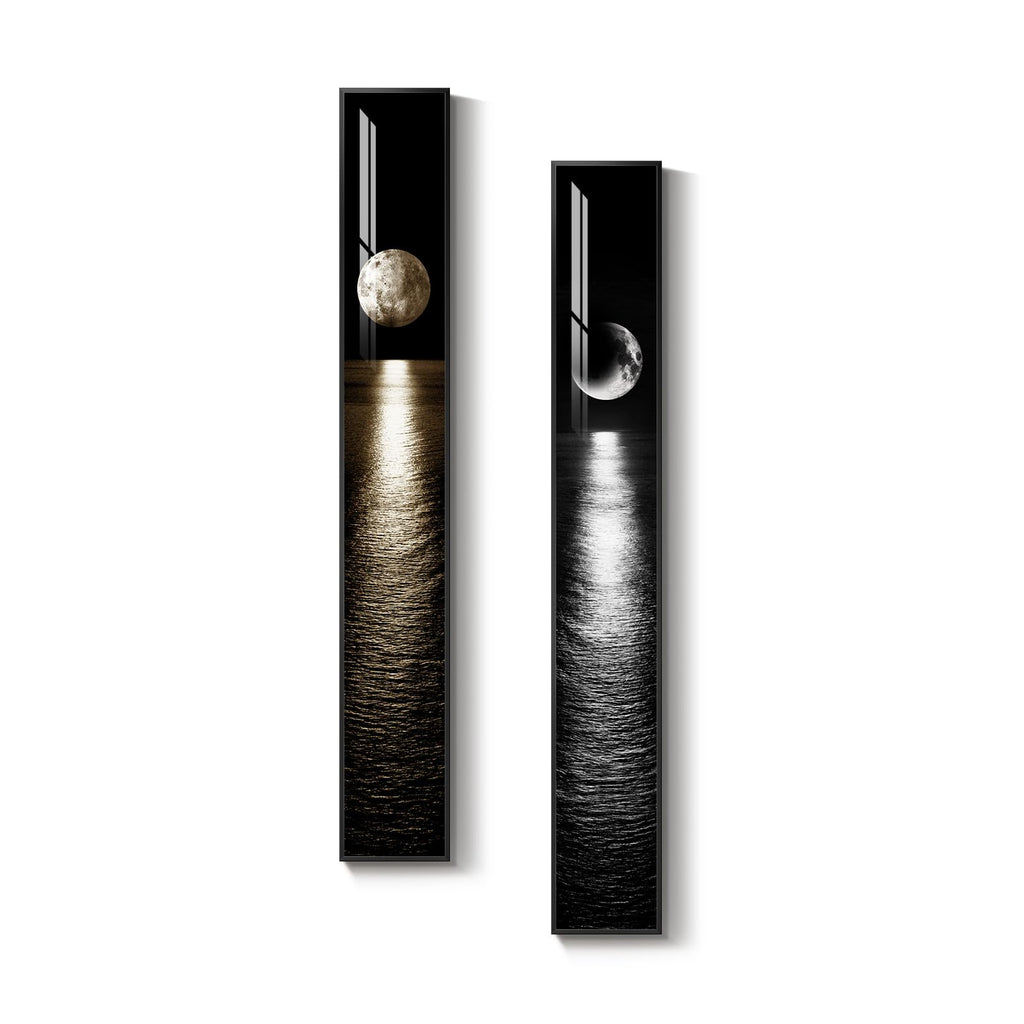 Framed Vertical Black White Gold Moon Landscape Wall Art Decor, 2 Pieces