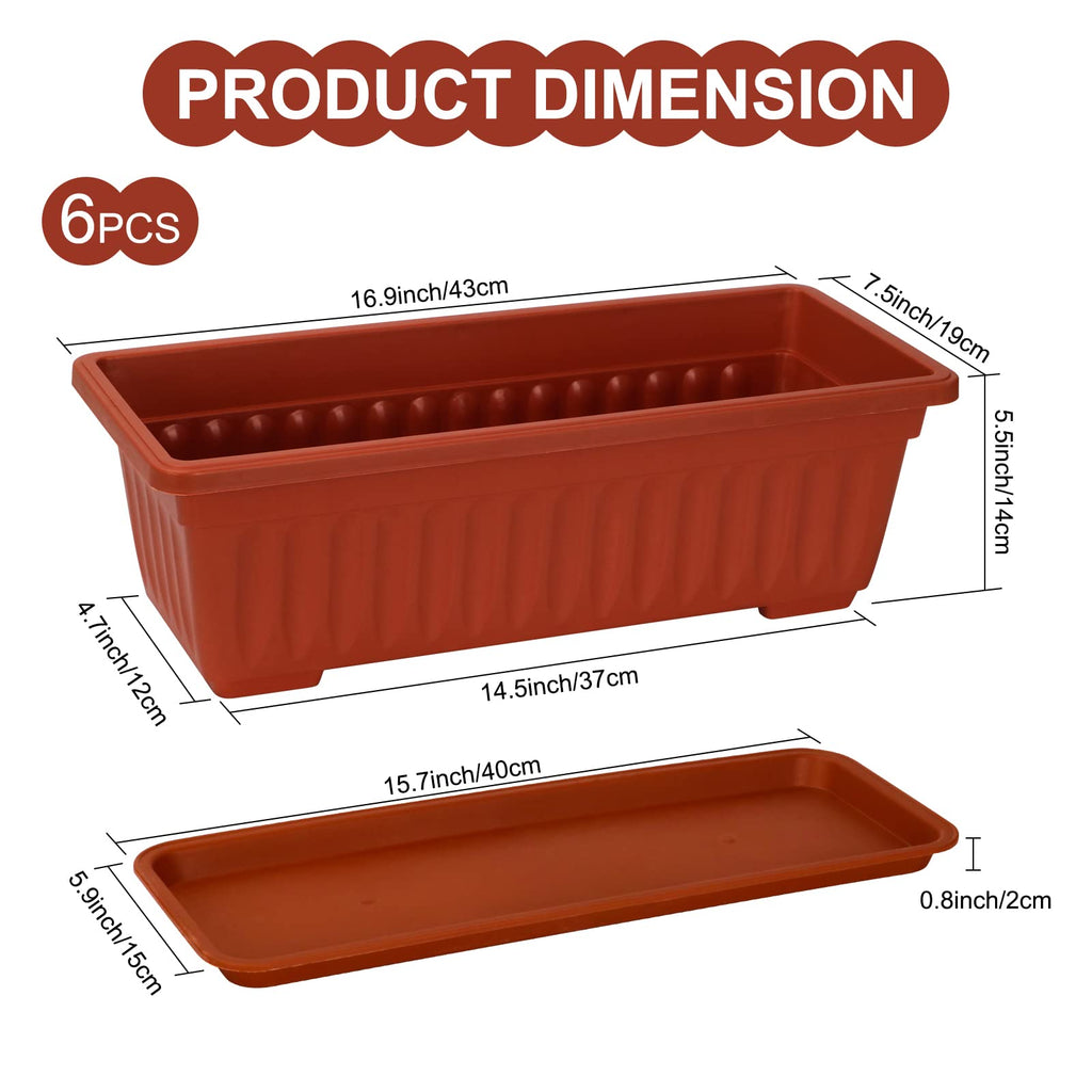 Window Box Planter, 6 Pcs 17" Flower Rectangle Planter with Tray, Brick Red