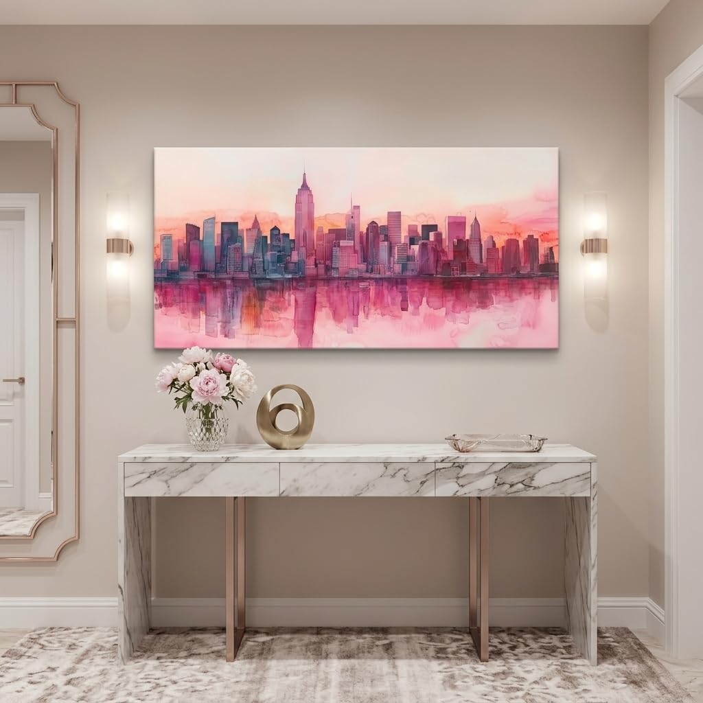 York City Skyline Canvas Wall, Pink Watercolor Manhattan Cityscape Print, Modern Urban Decor Bedroom Office