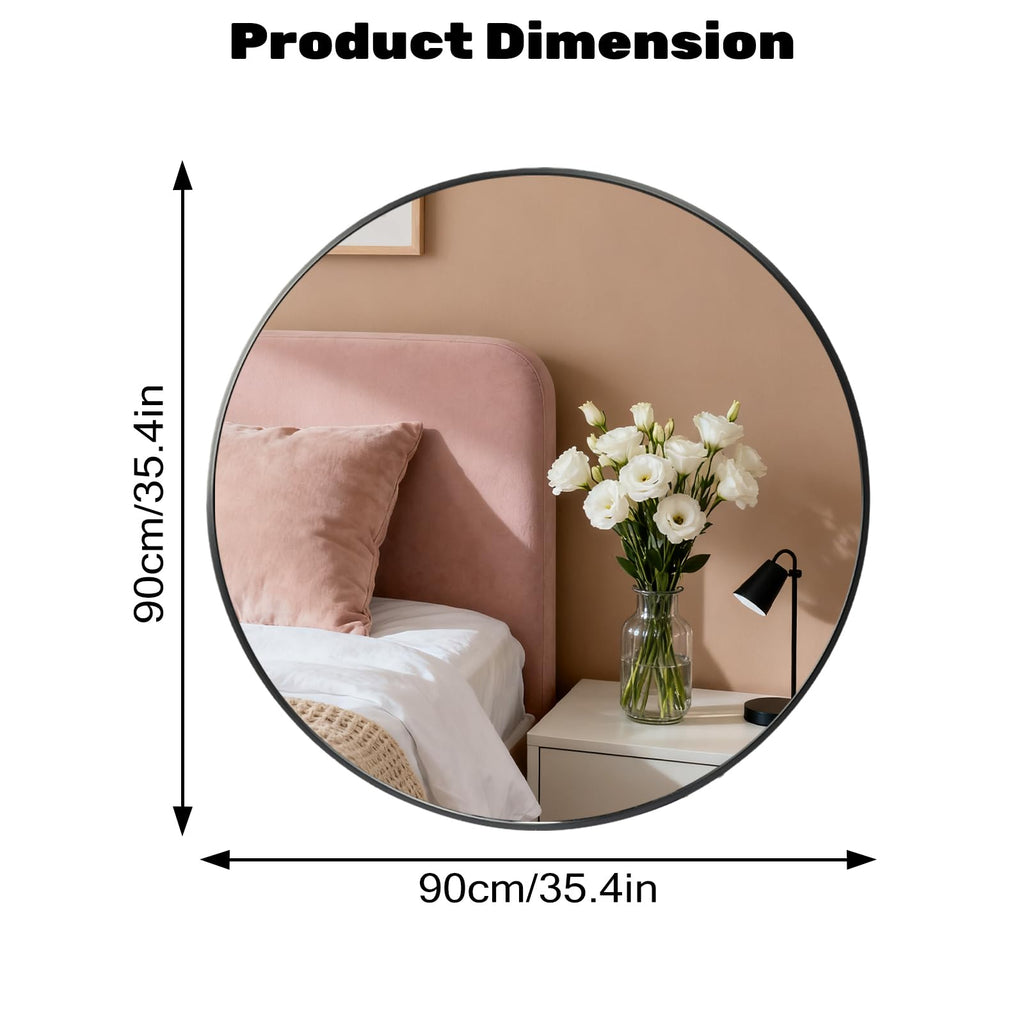 36 Inch Round Bathroom Mirror, Black Vanity Mirror with Metal Frame, Modern Circle, Wall Mounted Decorative Mirrors