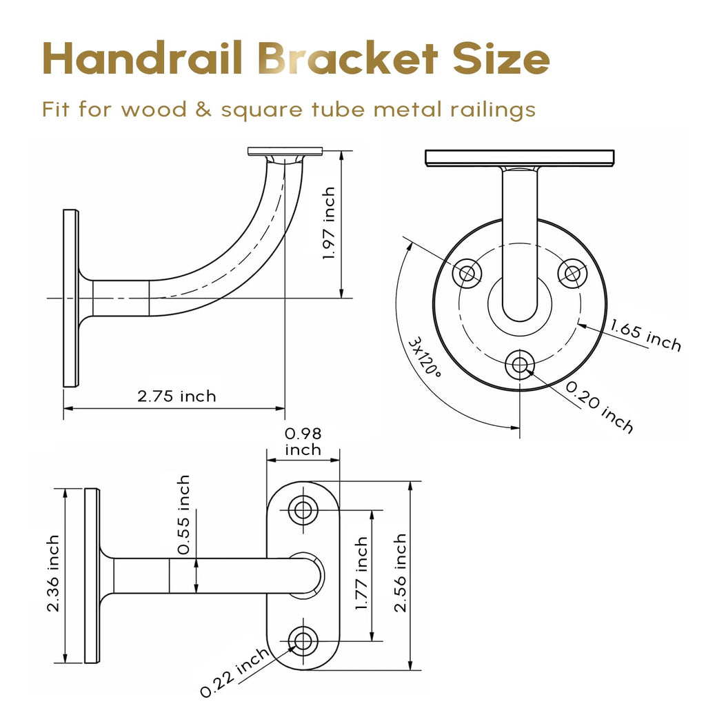 Heavy Duty Gold Handrail Brackets for Indoor Stairs, 304 Stainless Steel Stair Railing Bracket, Wall Mount Banister