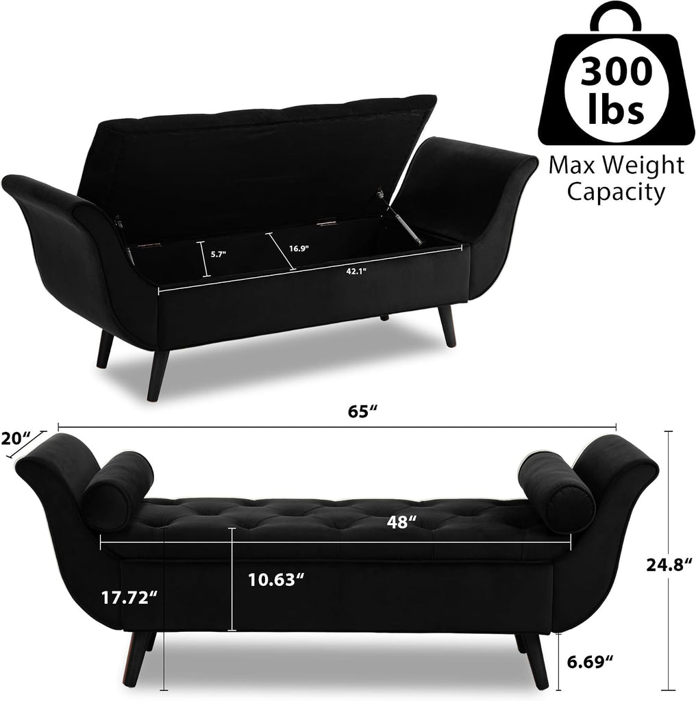 65" Velvet End of Bed Bench, Tufted Storage Ottoman with Pillows | Velvet upholstery, Button-tufted design, Hidden
