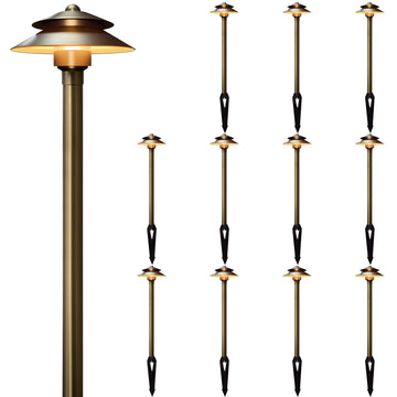 Solid Brass Low Voltage Landscape Pathway Lights -12 Pack (6'' Shade, 19'' Tall), 12V LED Heavy Duty Path Lighting