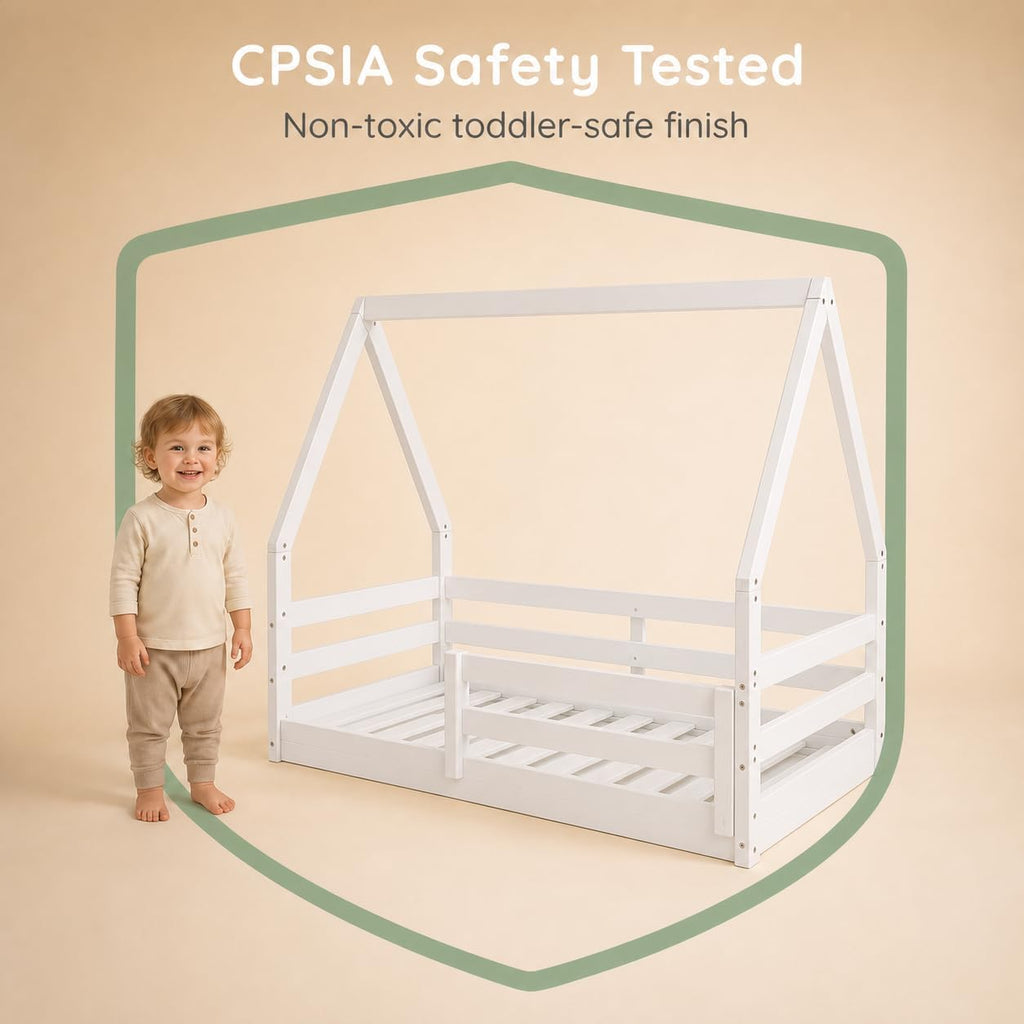 The Tree Montessori Floor Bed House Frame Canopy, White Finish