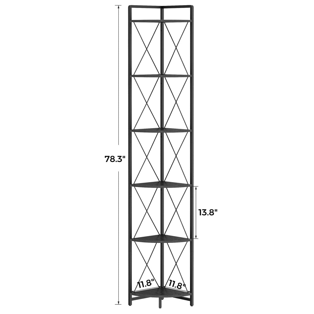 6 Tier Corner Shelf Stand, 78" H Tall Corner Bookshelf, Black