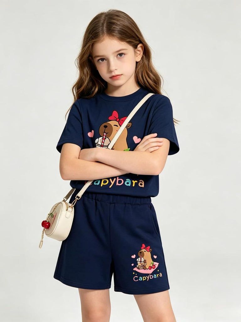Girls Summer Clothes Cute Capybara Print & Cherry Bow Short Sleeve Shorts Set Tween Girl Outfits