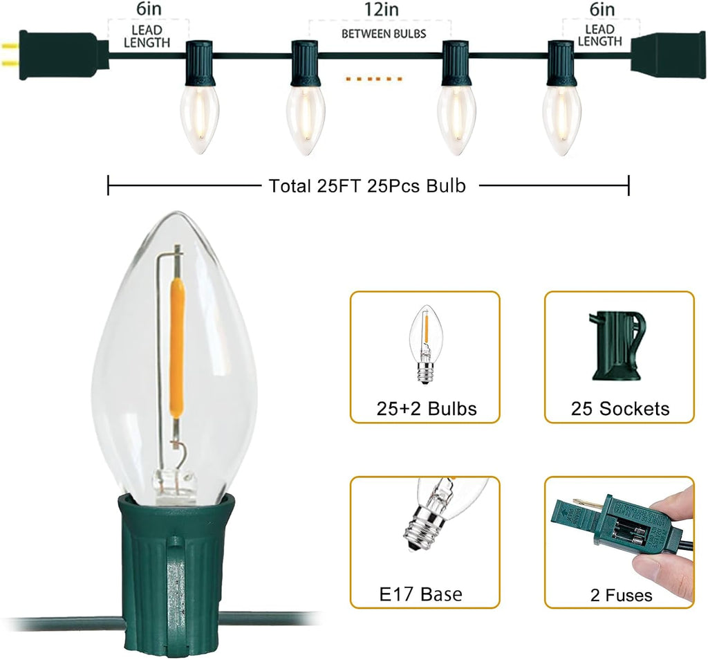 25FT C9 Christmas Lights Outdoor, Clear Warm White LED, Waterproof