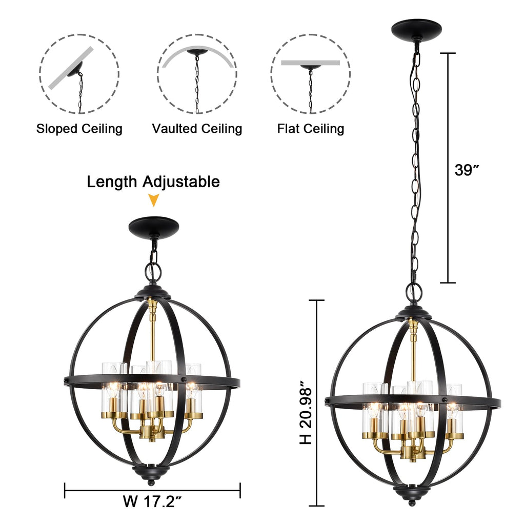 Rustic Chandelier, 17" Black and Gold Finish Glass Cover Luxurious Hanging Light, 4-Light Globe Vintage Pendant