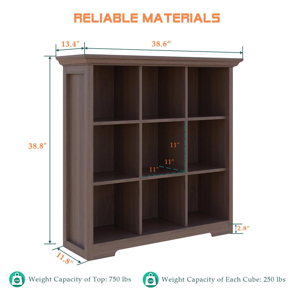 9-Cube Open Bookcase with Base, 3-Tier Wooden Bookshelf, Walnut