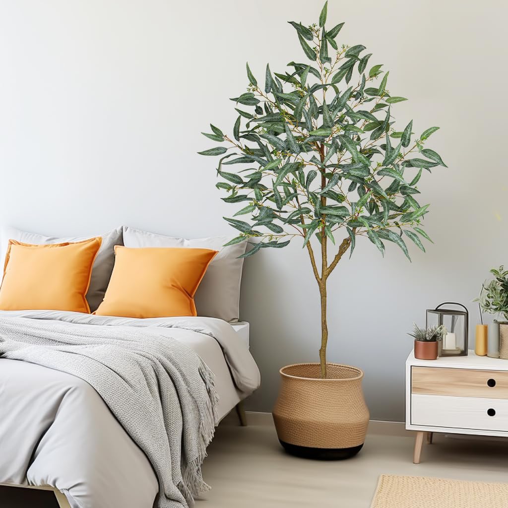 6ft Artificial Eucalyptus Tree in Black Pot, Realistic Silk Potted Floor Plant Eucalyptus Plant Decor Indoor Outdoor
