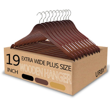 Extra Wide Hangers for Plus Size Clothes, 19 Inch, Walnut Wood, 10pk