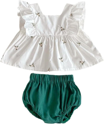 Baby Girl Summer White Embroidered Ruffle Sleeveless Top and Green Bloomers Set