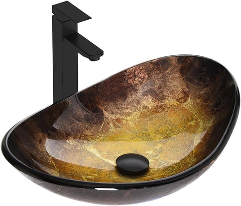 Bathroom Boat Shape Artistic Glass Vessel Sink Free Black Faucet and Pop-up Drain Set, Gold