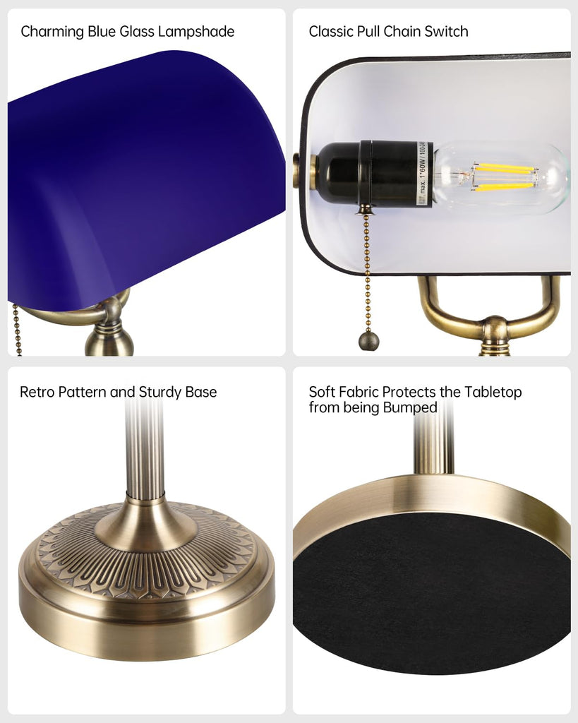 Blue Glass Bankers Desk Lamp, Plug in