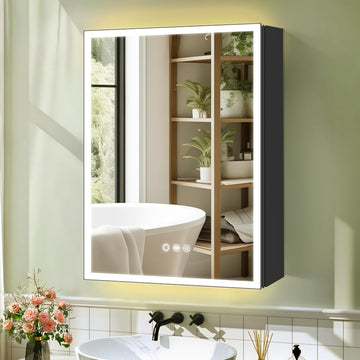 Aluminum Medicine Cabinet with Light,Stepless Glass Shelf,3 Colors Temperature,Dimmer,Backlit Lighting,Internal