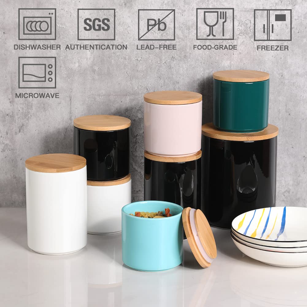 Kitchen Canisters Ceramic Food Storage Jar Set, Stackable Containers with Airtight Seal Wooden Lid for Serving Ground