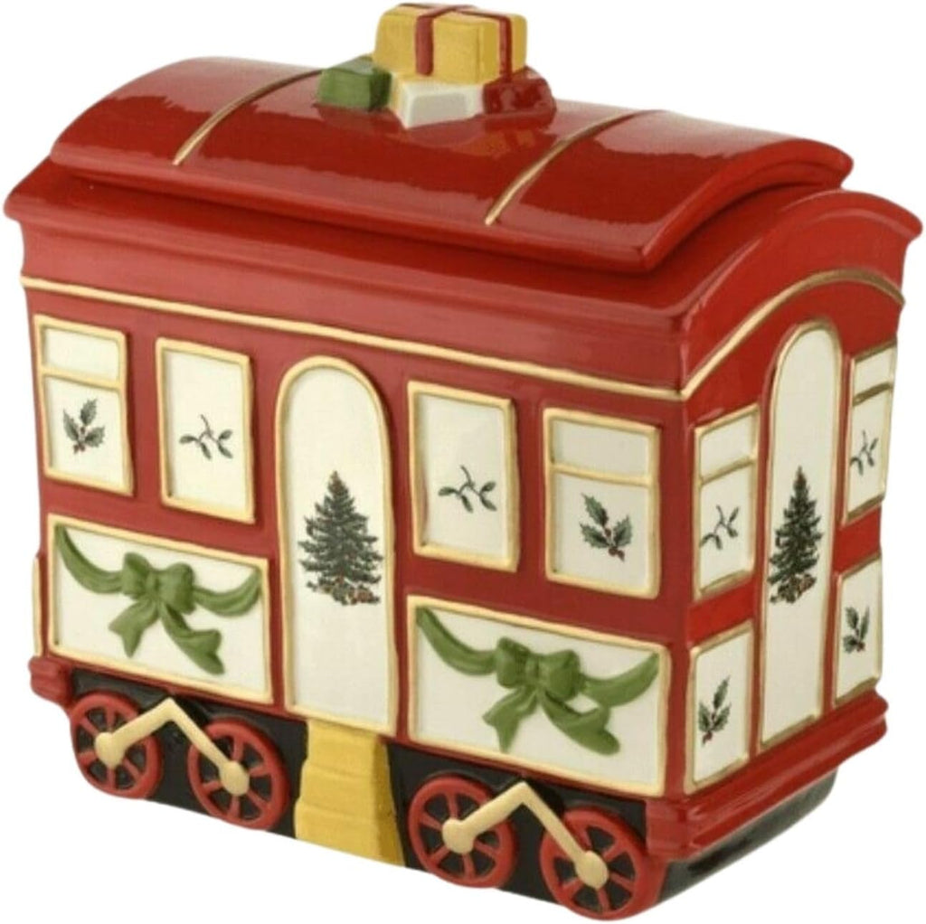 Christmas Tree Cookie Jar with Lid, 8.5" Ceramic Holiday Train Car Dish for Cookies, Candy, Nuts - Festive Christmas