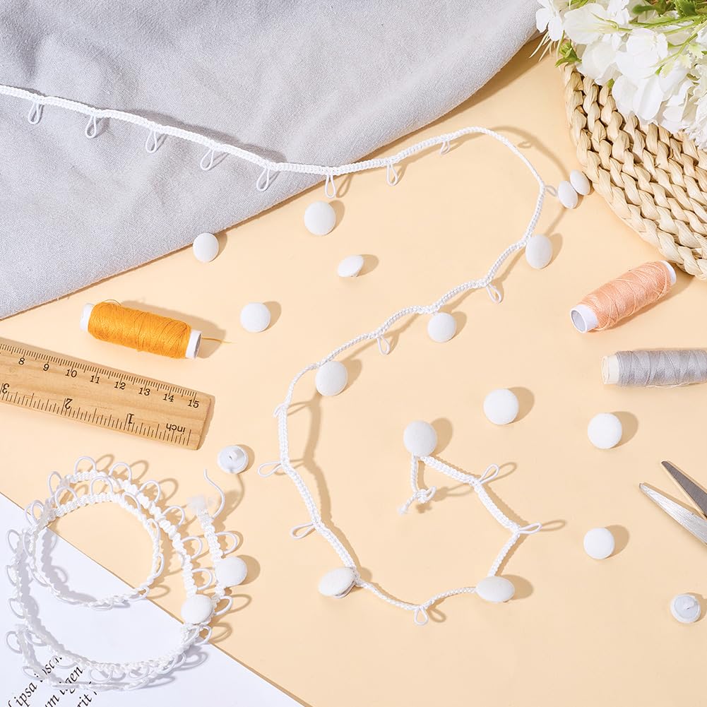 White Elastic Braid Fringe Tassel Buttonhole Loops Trim Ribbon with 40Pcs Cloth Fabric Covered Buttons - 2 Pcs 9 Yards