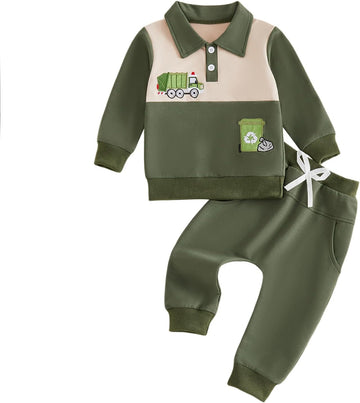 Baby Boy Fall Clothes Toddler Winter Outfits Long Sleeve Contrast Lapel Truck Embroidery Sweatshirt + Pants Sets