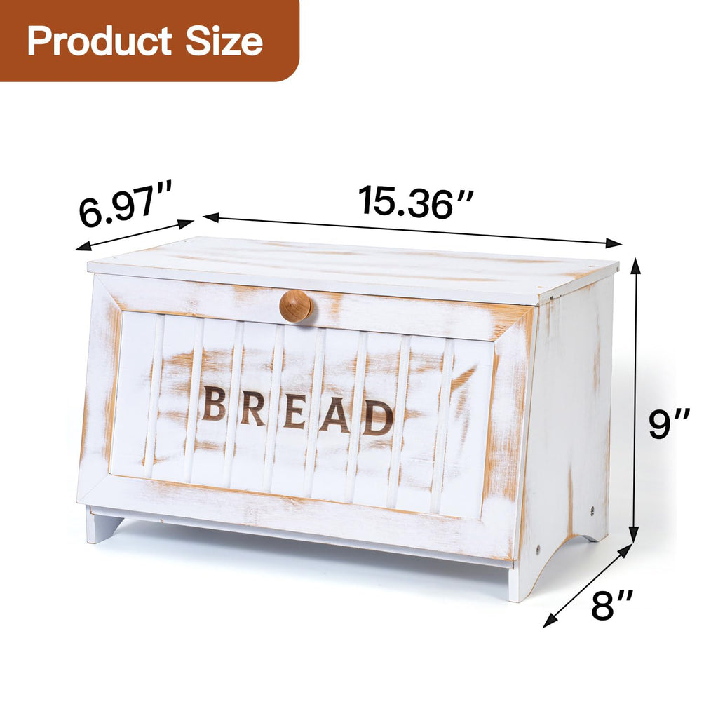 Bamboo Countertop, White Vintage Wooden Counter Breadbox, Single Layer Rustic Wood Large Capacity Bread Storage